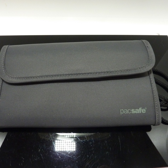 PACSAFE NWOT Phone Passport RFID Travel Accordion Wallet Wristlet GREY ORANGE - Picture 1 of 7
